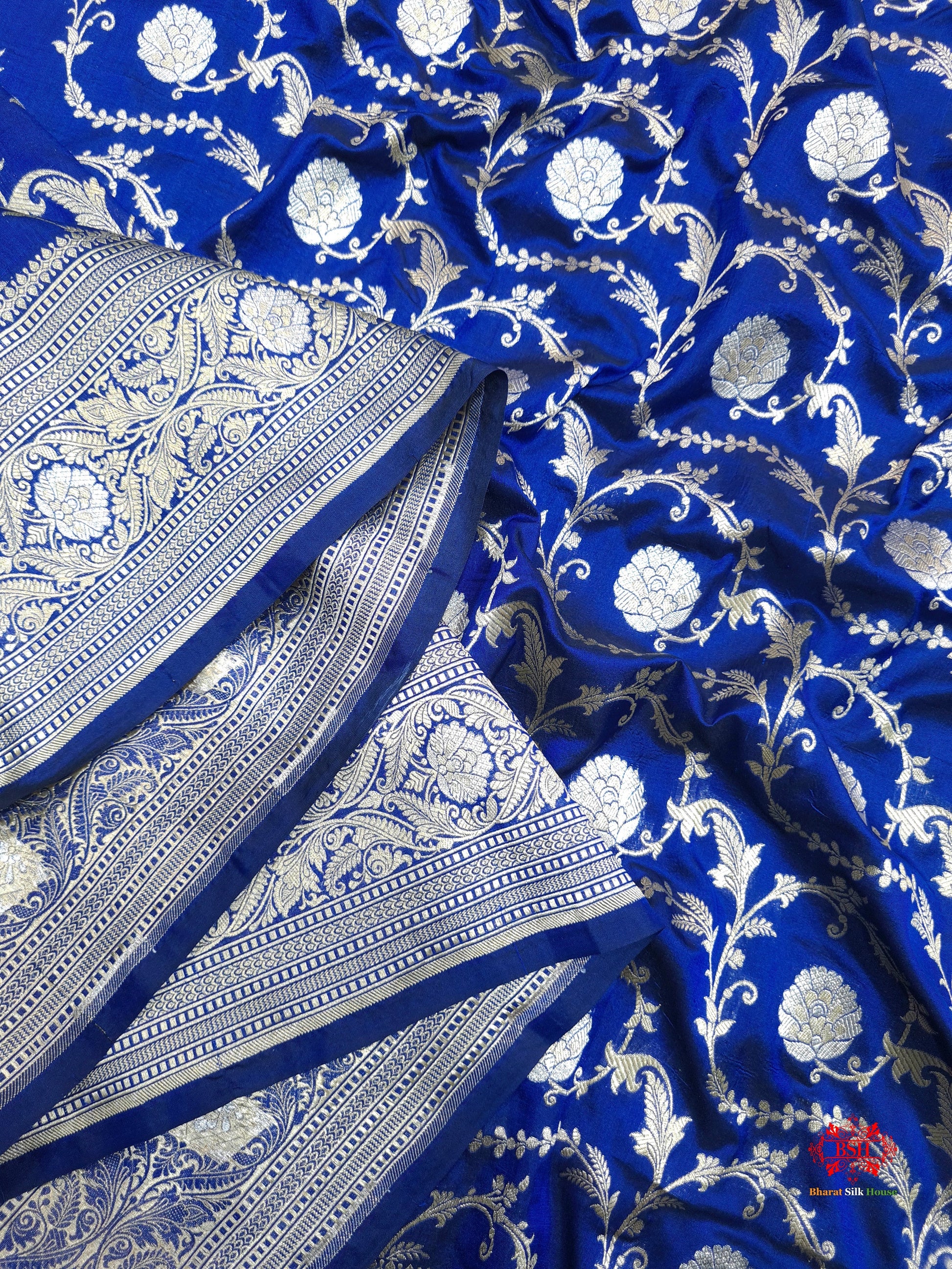 Handloom Banarasi Pure Katan Silk Opara Sona Rupa Dual Zari Saree Floral Jaal In Shades Of Blue - Bharat Silk House