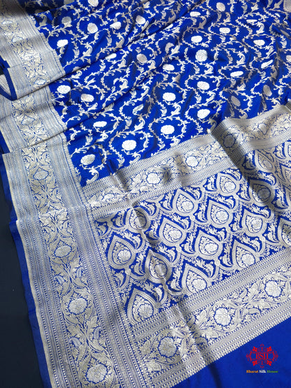 Handloom Banarasi Pure Katan Silk Opara Sona Rupa Dual Zari Saree Floral Jaal In Shades Of Blue - Bharat Silk House