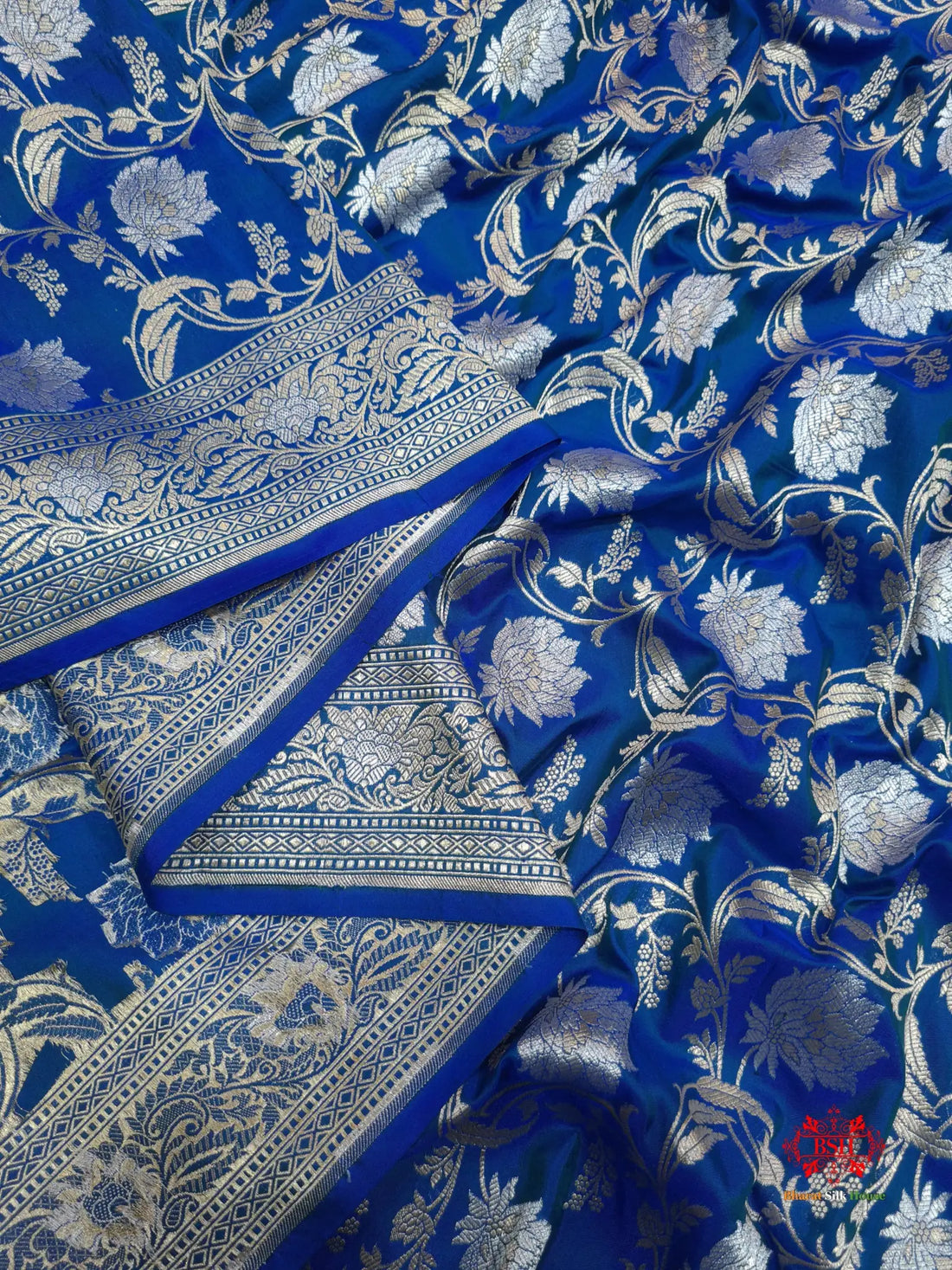 Handloom Banarasi Pure Katan Silk Opara Sona Rupa Dual Zari Saree Floral Jaal In Shades Of Blue - Bharat Silk House Pure Kataan Silk