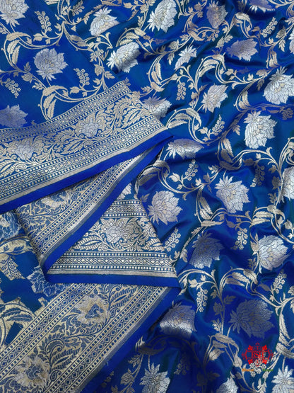 Handloom Banarasi Pure Katan Silk Opara Sona Rupa Dual Zari Saree Floral Jaal In Shades Of Blue - Bharat Silk House Pure Kataan Silk