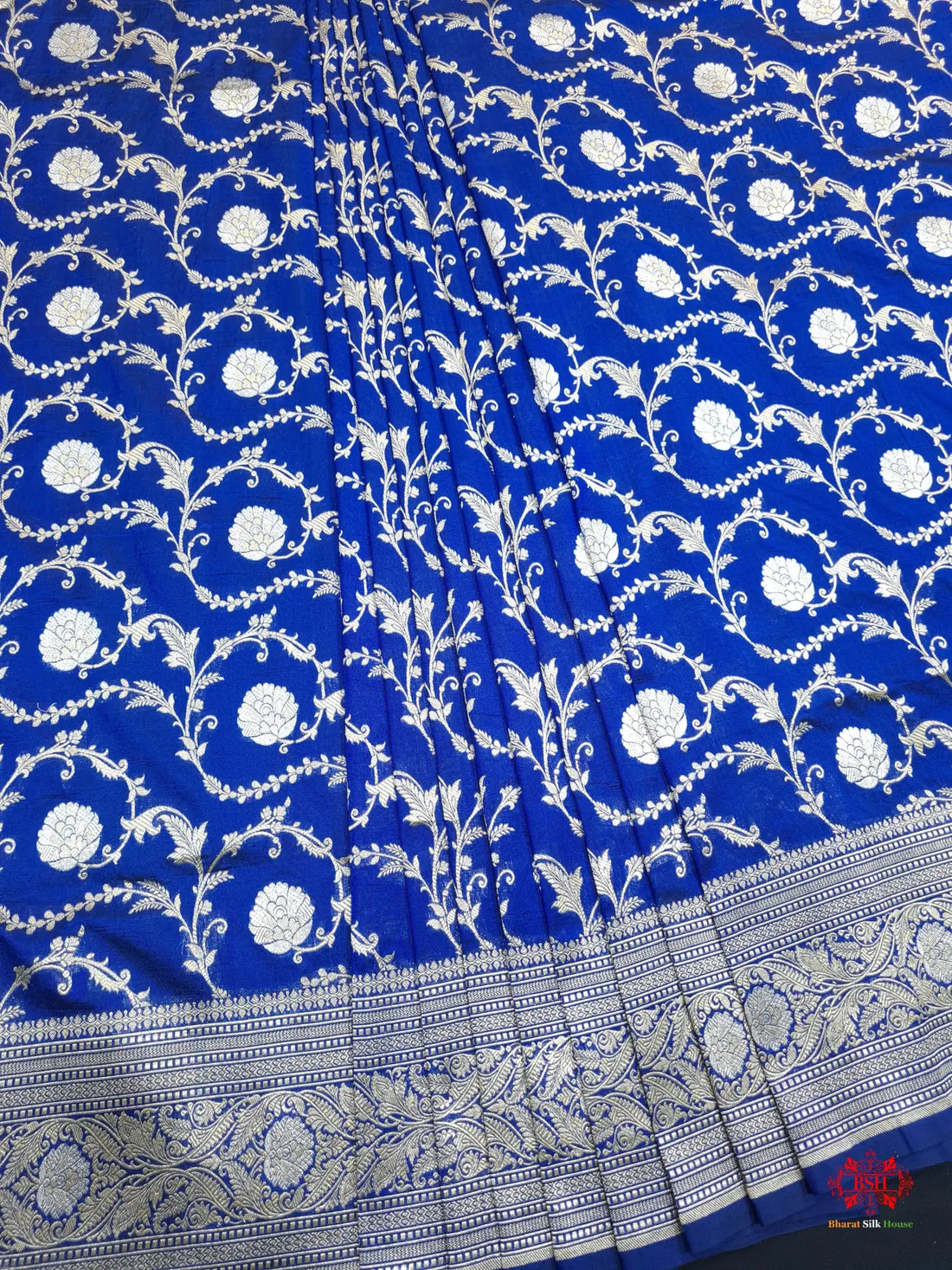 Handloom Banarasi Pure Katan Silk Opara Sona Rupa Dual Zari Saree Floral Jaal In Shades Of Blue - Bharat Silk House Pure Kataan Silk
