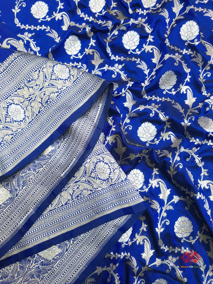Handloom Banarasi Pure Katan Silk Opara Sona Rupa Dual Zari Saree Floral Jaal In Shades Of Blue - Bharat Silk House Pure Kataan Silk
