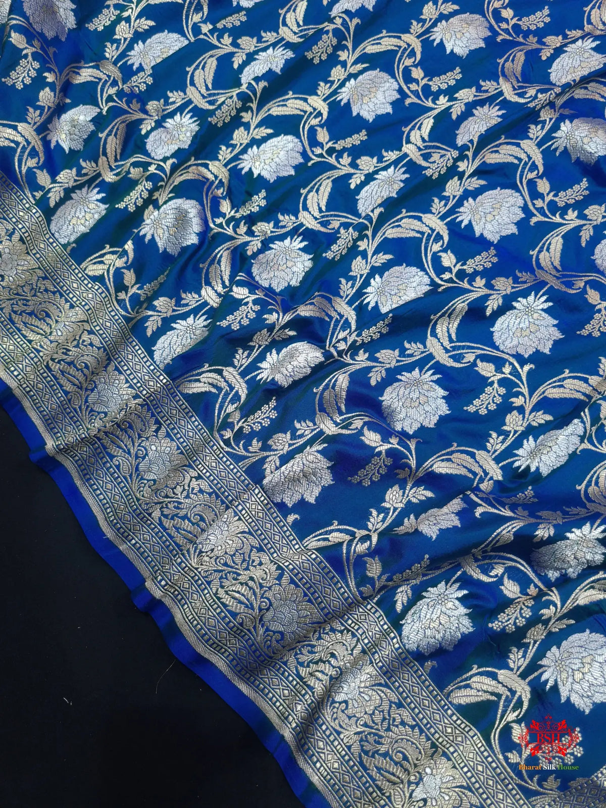 Handloom Banarasi Pure Katan Silk Opara Sona Rupa Dual Zari Saree Floral Jaal In Shades Of Blue - Bharat Silk House Pure Kataan Silk