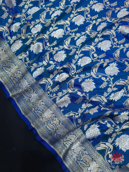 Handloom Banarasi Pure Katan Silk Opara Sona Rupa Dual Zari Saree Floral Jaal In Shades Of Blue - Bharat Silk House Pure Kataan Silk