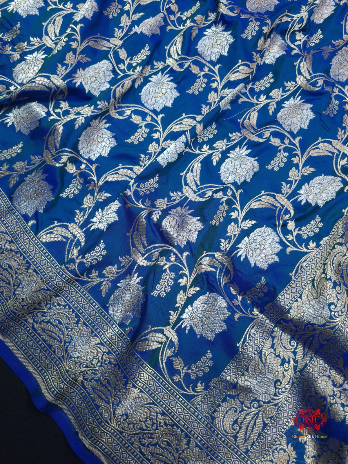 Handloom Banarasi Pure Katan Silk Opara Sona Rupa Dual Zari Saree Floral Jaal In Shades Of Blue - Bharat Silk House Pure Kataan Silk