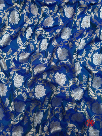 Handloom Banarasi Pure Katan Silk Opara Sona Rupa Dual Zari Saree Floral Jaal In Shades Of Blue - Bharat Silk House Pure Kataan Silk