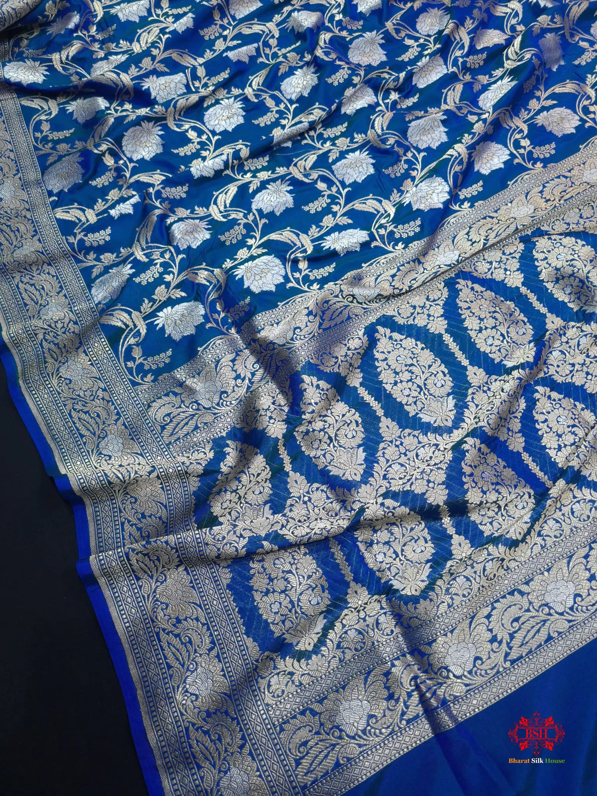 Handloom Banarasi Pure Katan Silk Opara Sona Rupa Dual Zari Saree Floral Jaal In Shades Of Blue - Bharat Silk House Pure Kataan Silk