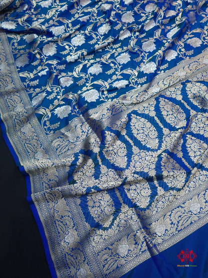 Handloom Banarasi Pure Katan Silk Opara Sona Rupa Dual Zari Saree Floral Jaal In Shades Of Blue - Bharat Silk House Pure Kataan Silk