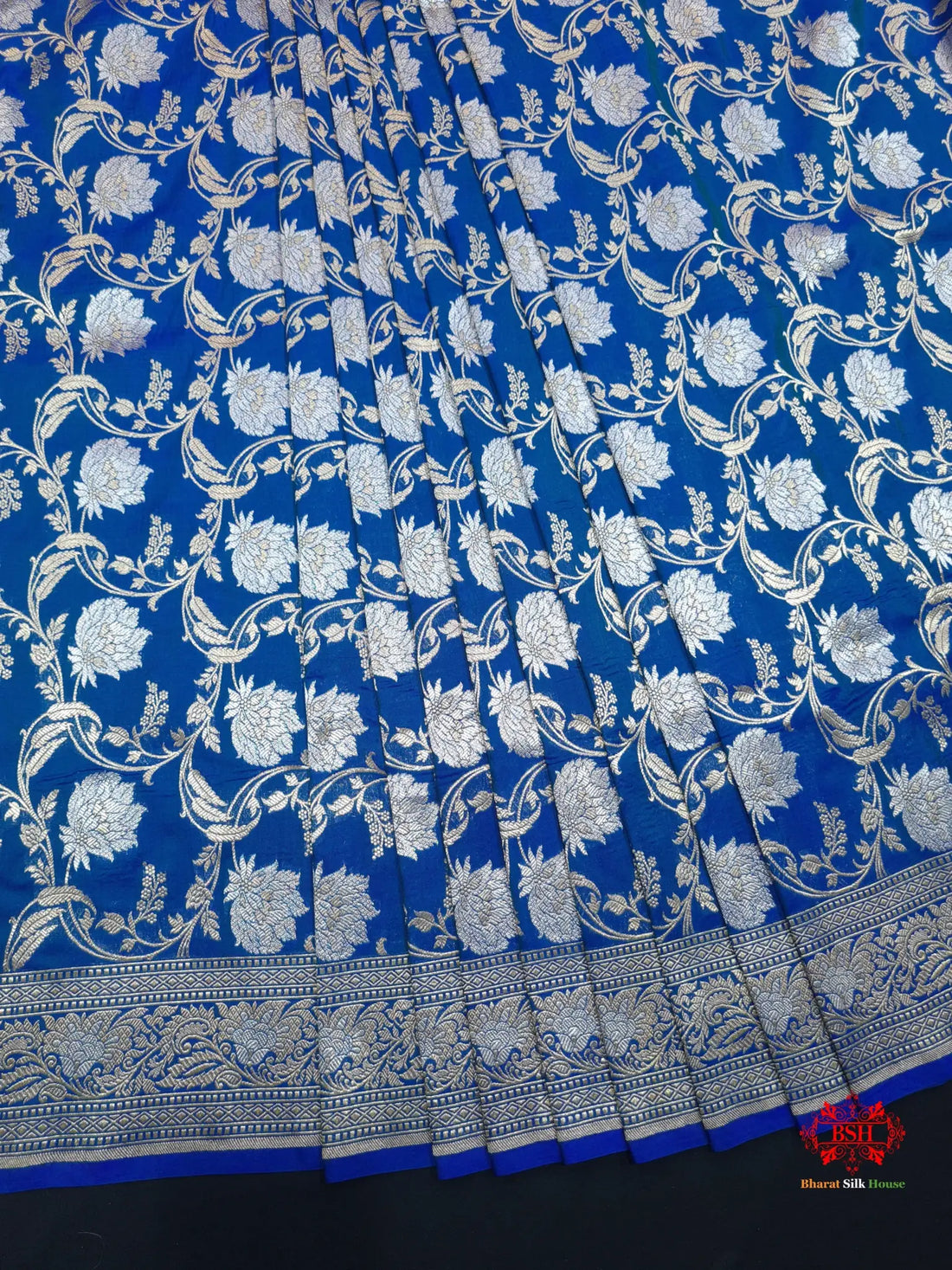 Handloom Banarasi Pure Katan Silk Opara Sona Rupa Dual Zari Saree Floral Jaal In Shades Of Blue - Bharat Silk House Pure Kataan Silk