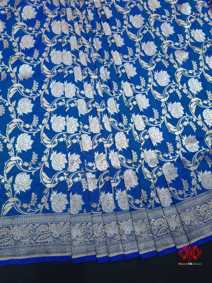 Handloom Banarasi Pure Katan Silk Opara Sona Rupa Dual Zari Saree Floral Jaal In Shades Of Blue - Bharat Silk House Pure Kataan Silk