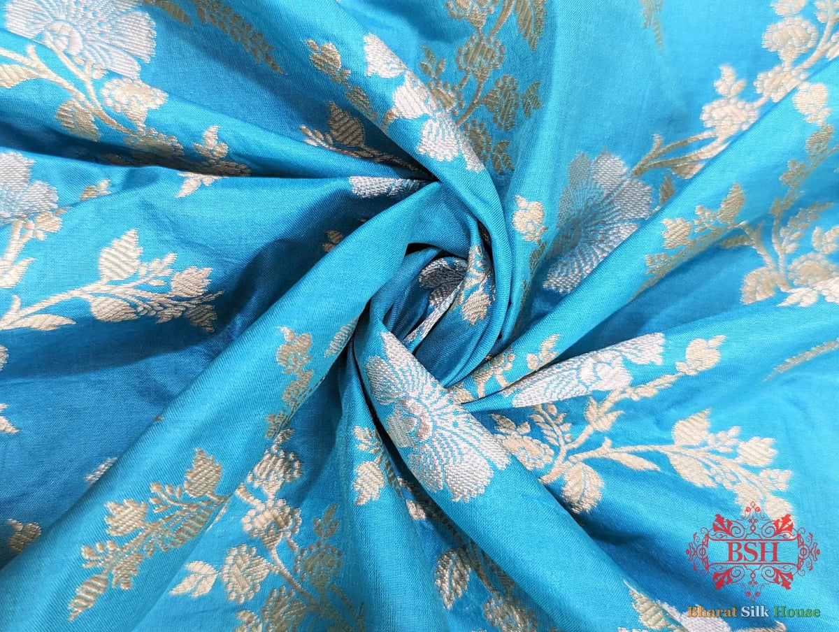 Handloom Banarasi Pure Katan Silk Opara Sona Rupa Dual Zari Saree Floral Jaal In Shades Of Firozi - Bharat Silk House Pure Kataan Silk