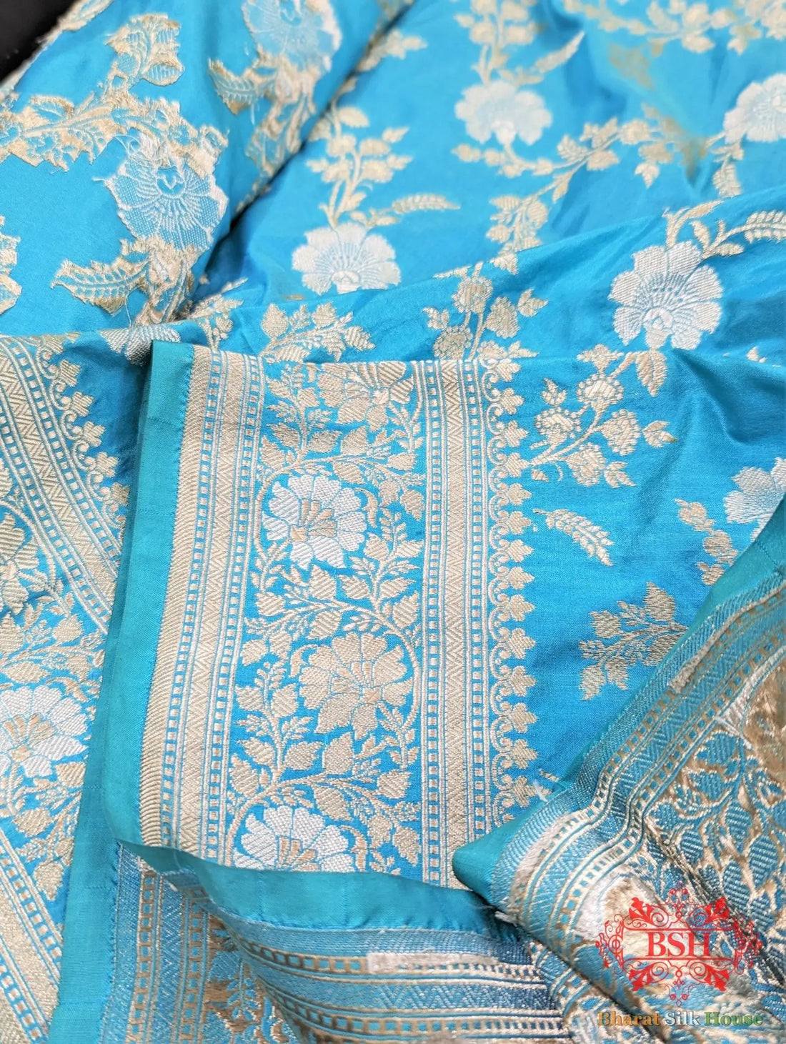 Handloom Banarasi Pure Katan Silk Opara Sona Rupa Dual Zari Saree Floral Jaal In Shades Of Firozi - Bharat Silk House Pure Kataan Silk