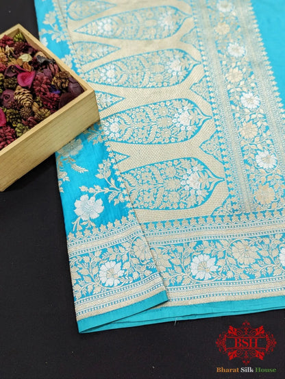 Handloom Banarasi Pure Katan Silk Opara Sona Rupa Dual Zari Saree Floral Jaal In Shades Of Firozi - Bharat Silk House Pure Kataan Silk