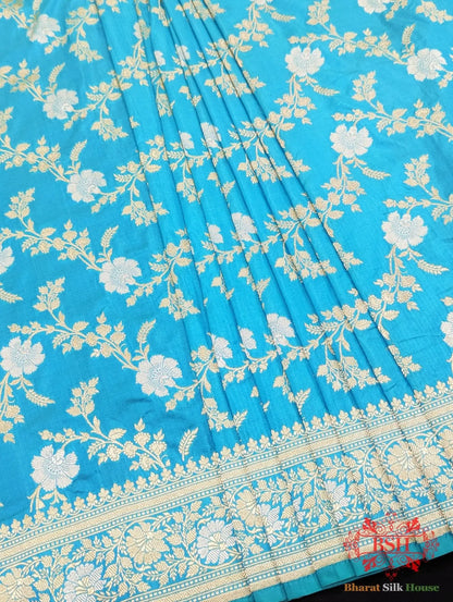 Handloom Banarasi Pure Katan Silk Opara Sona Rupa Dual Zari Saree Floral Jaal In Shades Of Firozi - Bharat Silk House Pure Kataan Silk