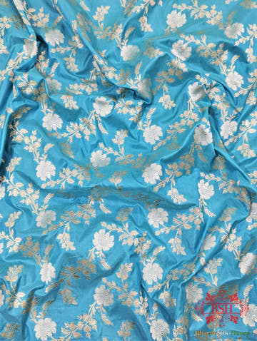 Handloom Banarasi Pure Katan Silk Opara Sona Rupa Dual Zari Saree Floral Jaal In Shades Of Firozi - Bharat Silk House Pure Kataan Silk