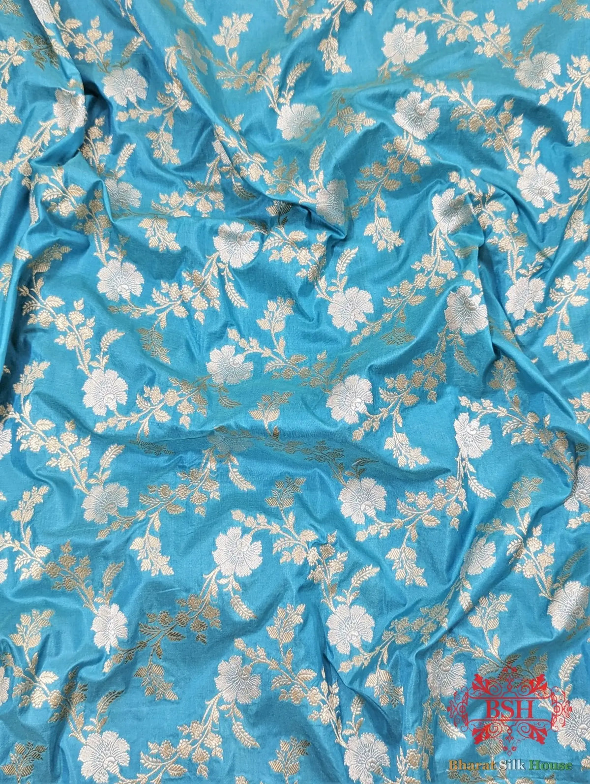Handloom Banarasi Pure Katan Silk Opara Sona Rupa Dual Zari Saree Floral Jaal In Shades Of Firozi - Bharat Silk House Pure Kataan Silk