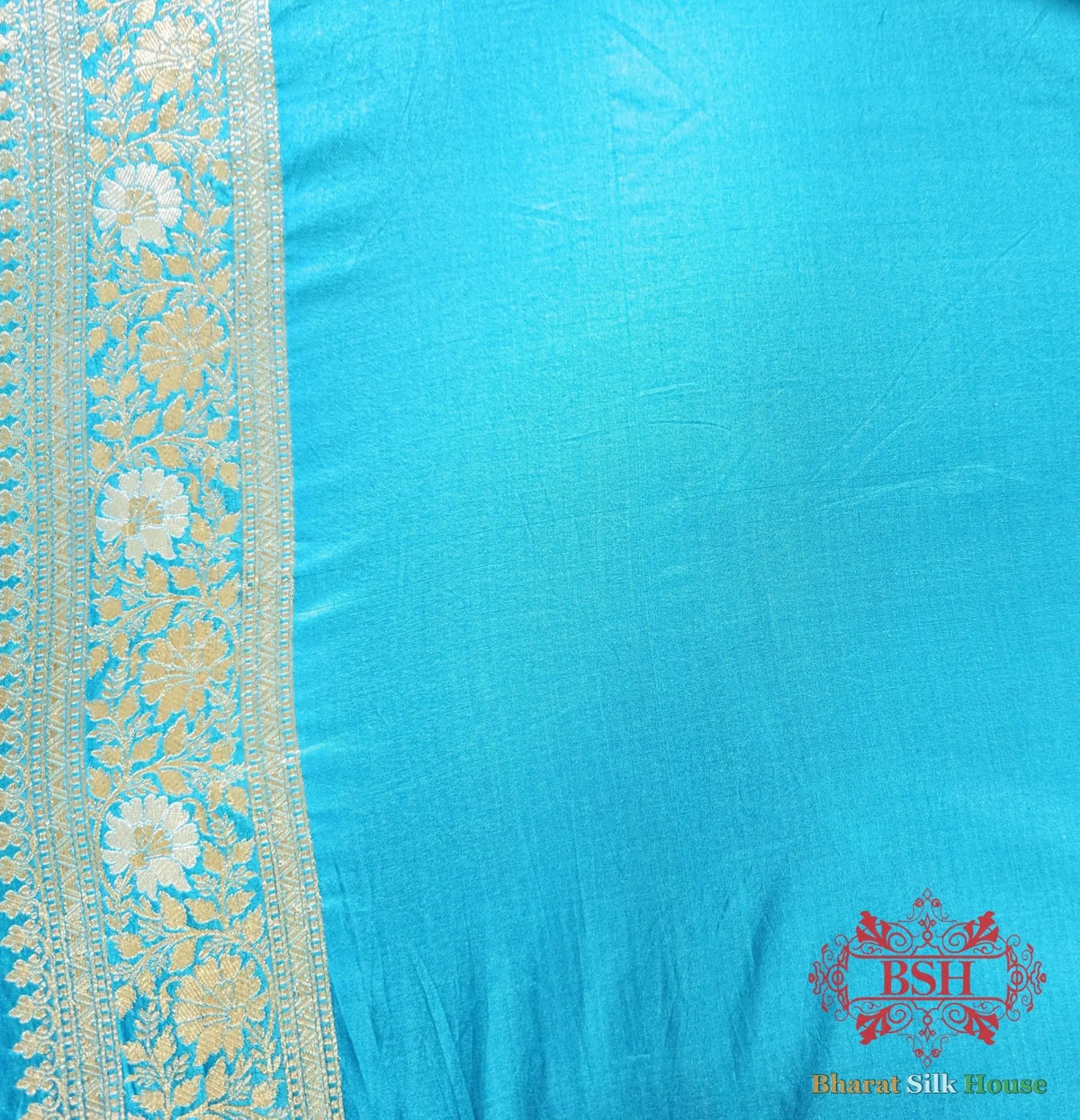 Handloom Banarasi Pure Katan Silk Opara Sona Rupa Dual Zari Saree Floral Jaal In Shades Of Firozi - Bharat Silk House Pure Kataan Silk