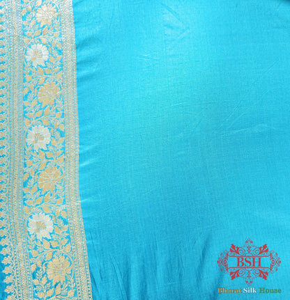 Handloom Banarasi Pure Katan Silk Opara Sona Rupa Dual Zari Saree Floral Jaal In Shades Of Firozi - Bharat Silk House Pure Kataan Silk