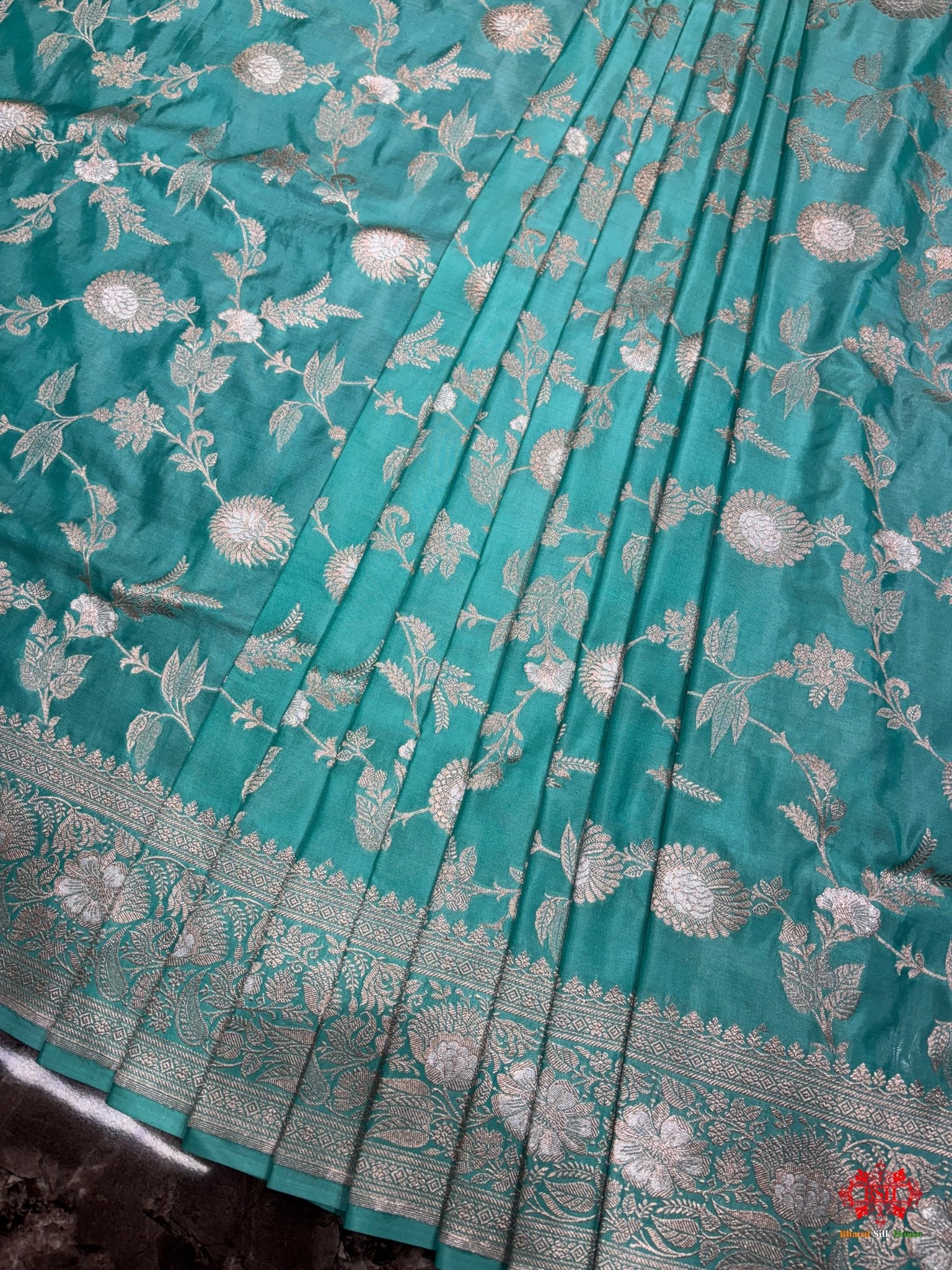 Handloom Banarasi Pure Katan Silk Opara Sona Rupa Dual Zari Saree Floral Jaal In Shades Of Firozi - Bharat Silk House Pure Kataan Silk