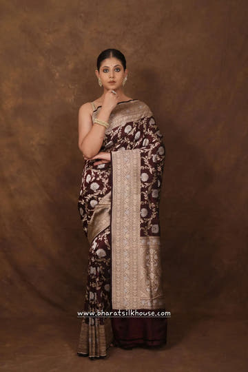 Handloom Banarasi Pure Katan Silk Opara Sona Rupa Dual Zari Saree Floral Jaal In Shades Of Garnet - Bharat Silk House Pure Kataan Silk