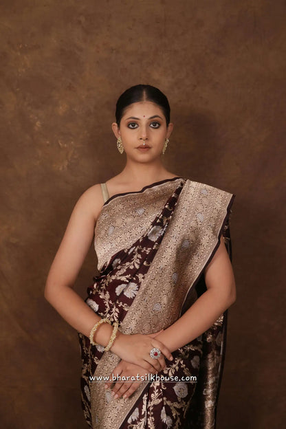 Handloom Banarasi Pure Katan Silk Opara Sona Rupa Dual Zari Saree Floral Jaal In Shades Of Garnet - Bharat Silk House Pure Kataan Silk