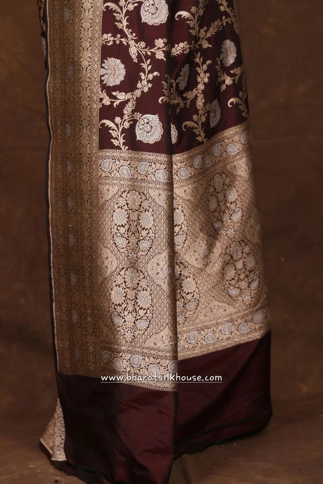 Handloom Banarasi Pure Katan Silk Opara Sona Rupa Dual Zari Saree Floral Jaal In Shades Of Garnet - Bharat Silk House Pure Kataan Silk
