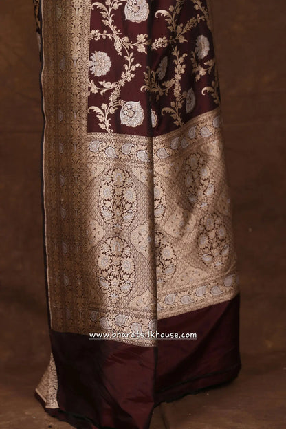 Handloom Banarasi Pure Katan Silk Opara Sona Rupa Dual Zari Saree Floral Jaal In Shades Of Garnet - Bharat Silk House Pure Kataan Silk