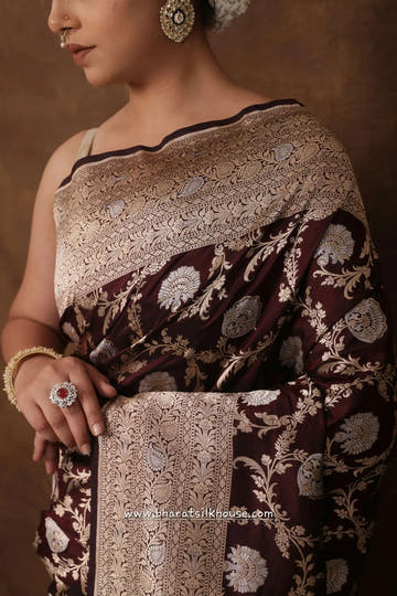 Handloom Banarasi Pure Katan Silk Opara Sona Rupa Dual Zari Saree Floral Jaal In Shades Of Garnet - Bharat Silk House Pure Kataan Silk