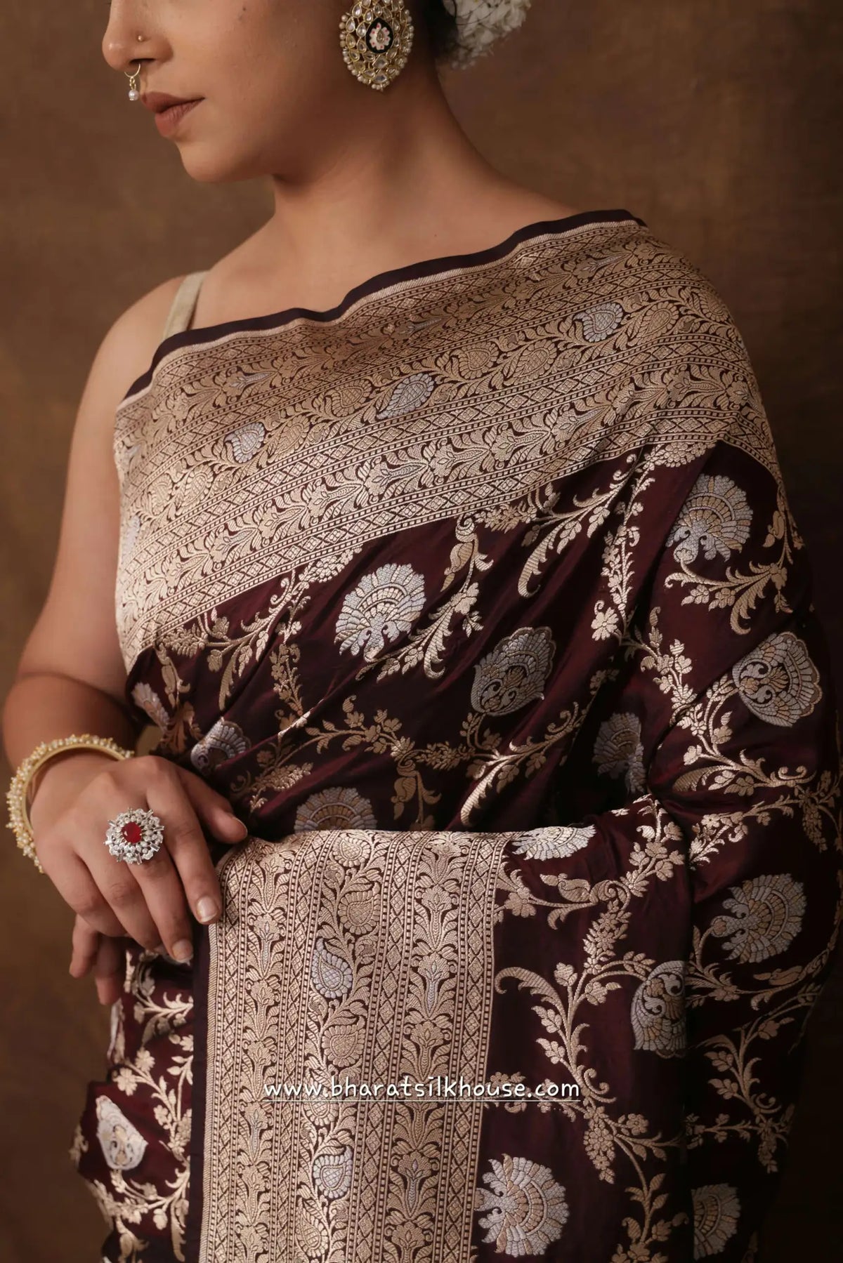 Handloom Banarasi Pure Katan Silk Opara Sona Rupa Dual Zari Saree Floral Jaal In Shades Of Garnet - Bharat Silk House Pure Kataan Silk