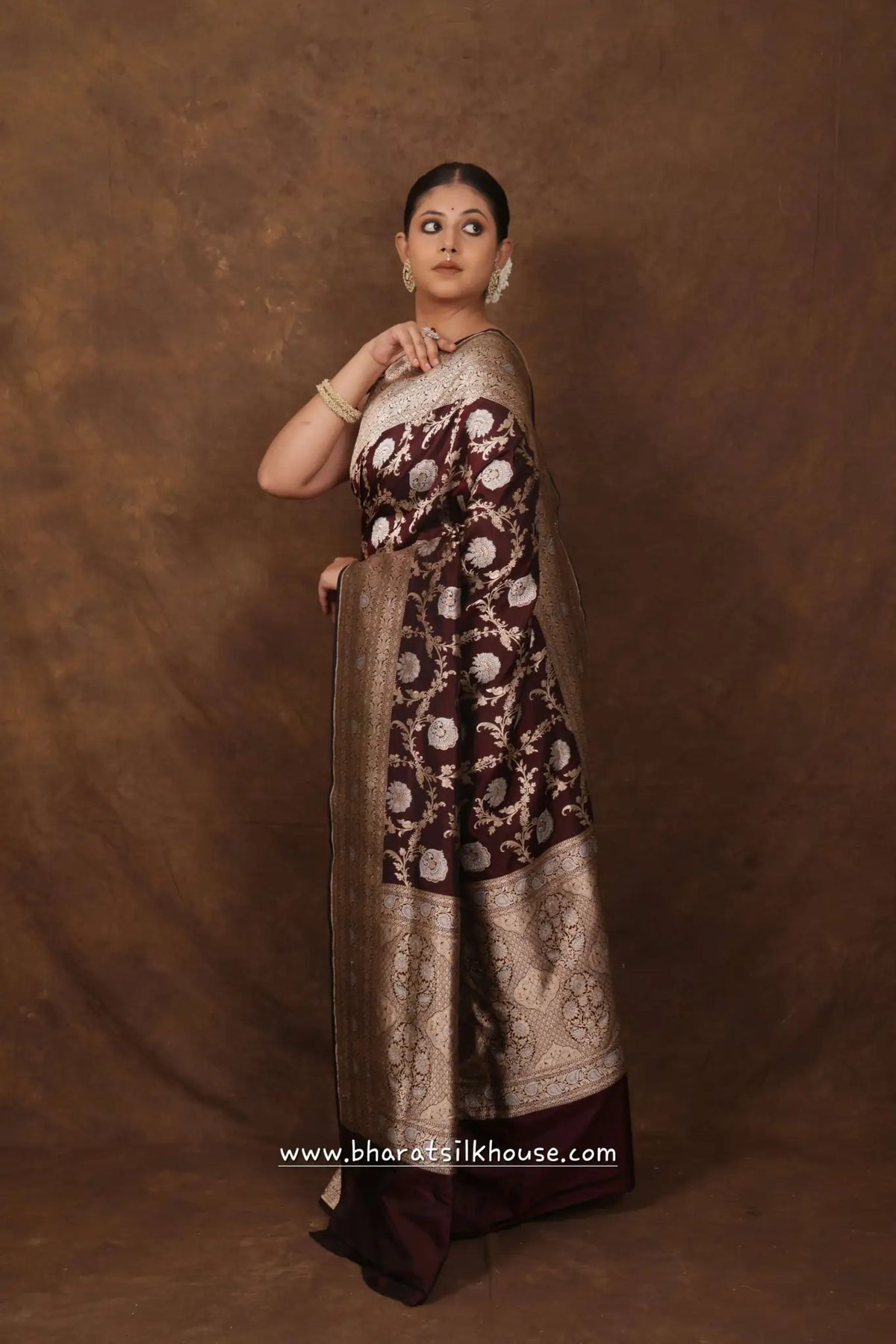 Handloom Banarasi Pure Katan Silk Opara Sona Rupa Dual Zari Saree Floral Jaal In Shades Of Garnet - Bharat Silk House Pure Kataan Silk