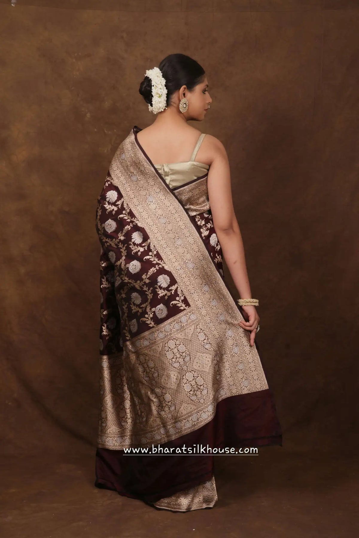 Handloom Banarasi Pure Katan Silk Opara Sona Rupa Dual Zari Saree Floral Jaal In Shades Of Garnet - Bharat Silk House Pure Kataan Silk