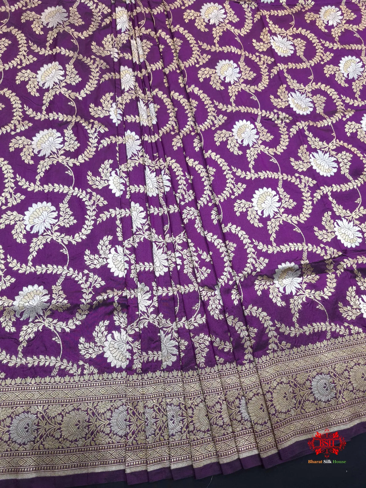 Handloom Banarasi Pure Katan Silk Opara Sona Rupa Dual Zari Saree Floral Jaal In Shades Of Magenta - Bharat Silk House Pure Kataan Silk