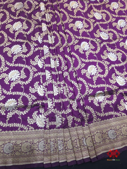 Handloom Banarasi Pure Katan Silk Opara Sona Rupa Dual Zari Saree Floral Jaal In Shades Of Magenta - Bharat Silk House Pure Kataan Silk