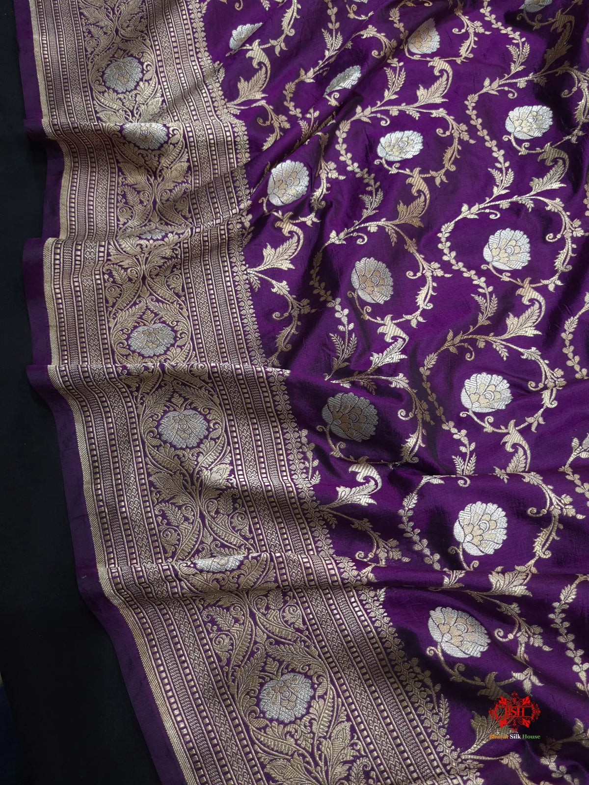Handloom Banarasi Pure Katan Silk Opara Sona Rupa Dual Zari Saree Floral Jaal In Shades Of Magenta - Bharat Silk House Pure Kataan Silk