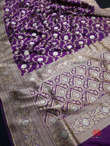 Handloom Banarasi Pure Katan Silk Opara Sona Rupa Dual Zari Saree Floral Jaal In Shades Of Magenta - Bharat Silk House Pure Kataan Silk