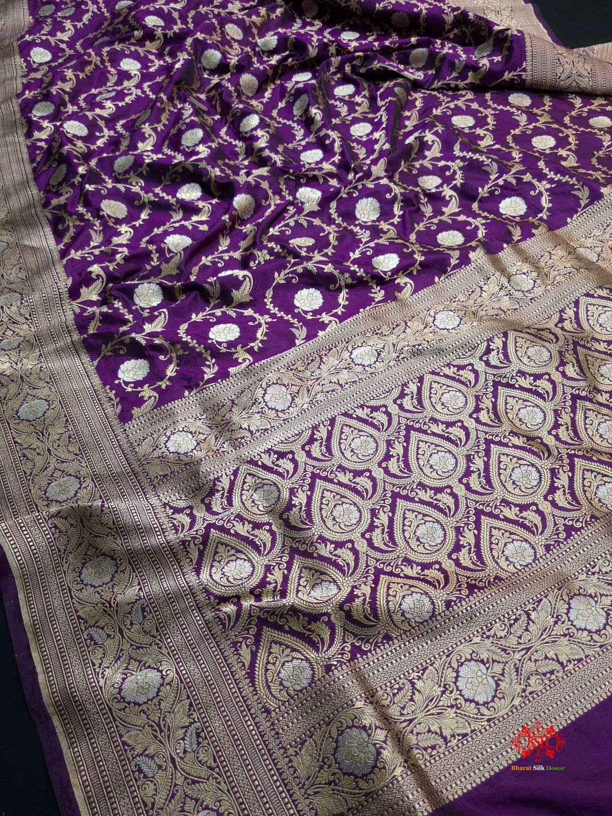 Handloom Banarasi Pure Katan Silk Opara Sona Rupa Dual Zari Saree Floral Jaal In Shades Of Magenta - Bharat Silk House Pure Kataan Silk