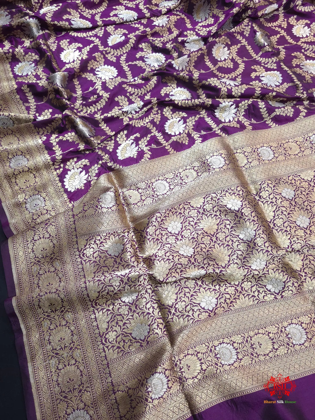 Handloom Banarasi Pure Katan Silk Opara Sona Rupa Dual Zari Saree Floral Jaal In Shades Of Magenta - Bharat Silk House Pure Kataan Silk