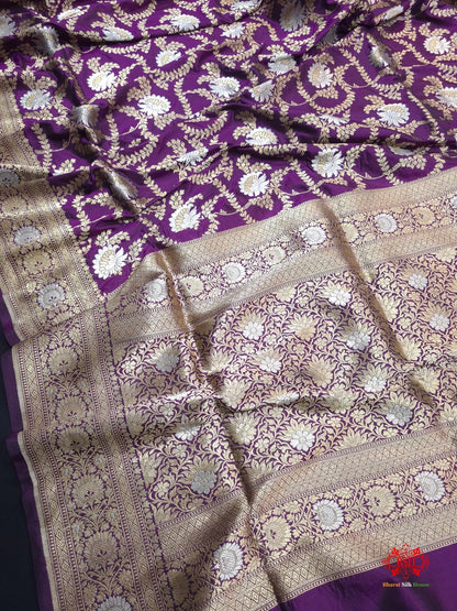Handloom Banarasi Pure Katan Silk Opara Sona Rupa Dual Zari Saree Floral Jaal In Shades Of Magenta - Bharat Silk House Pure Kataan Silk