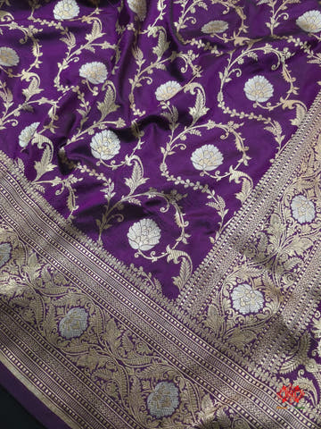 Handloom Banarasi Pure Katan Silk Opara Sona Rupa Dual Zari Saree Floral Jaal In Shades Of Magenta - Bharat Silk House Pure Kataan Silk