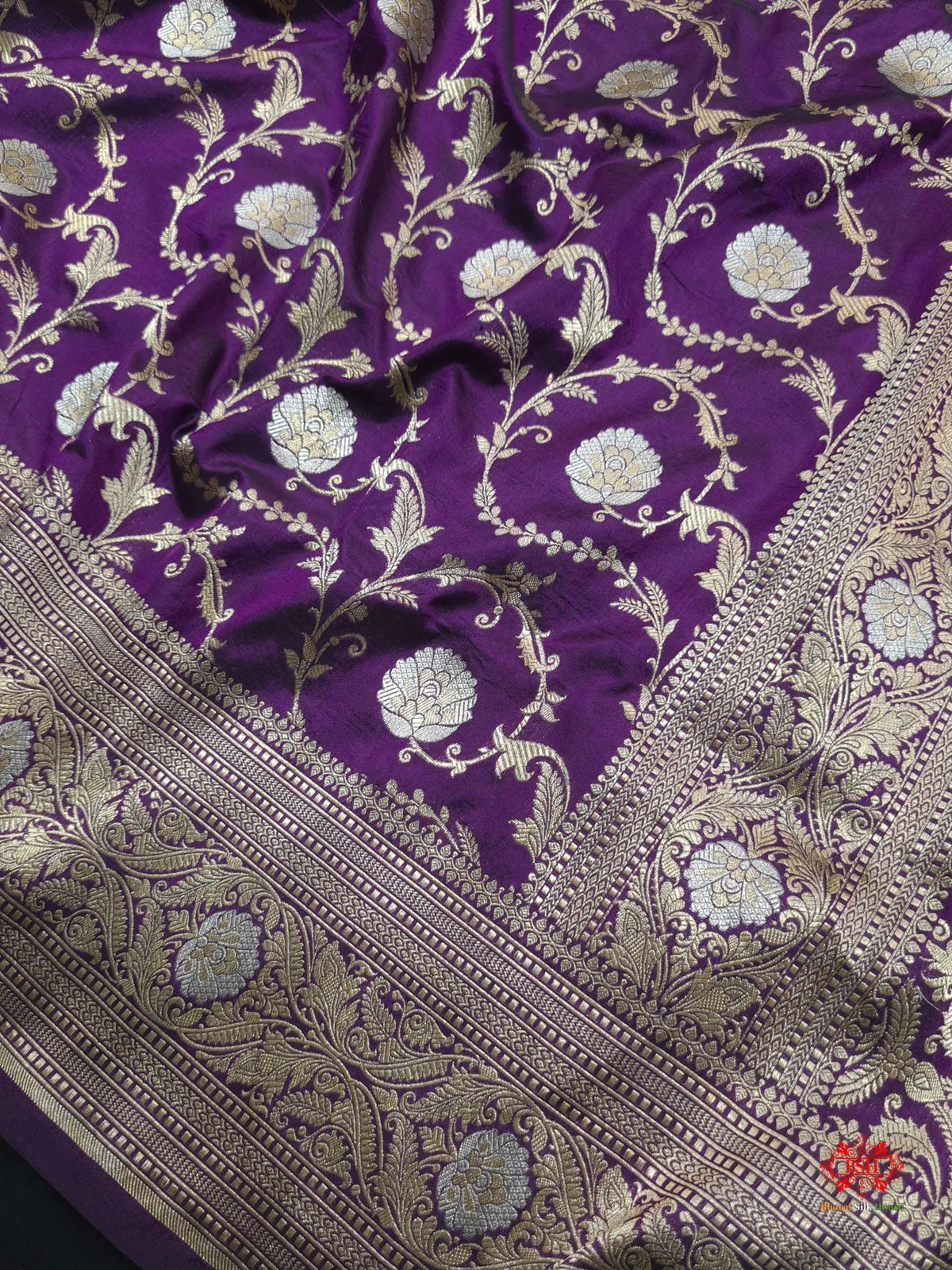 Handloom Banarasi Pure Katan Silk Opara Sona Rupa Dual Zari Saree Floral Jaal In Shades Of Magenta - Bharat Silk House Pure Kataan Silk