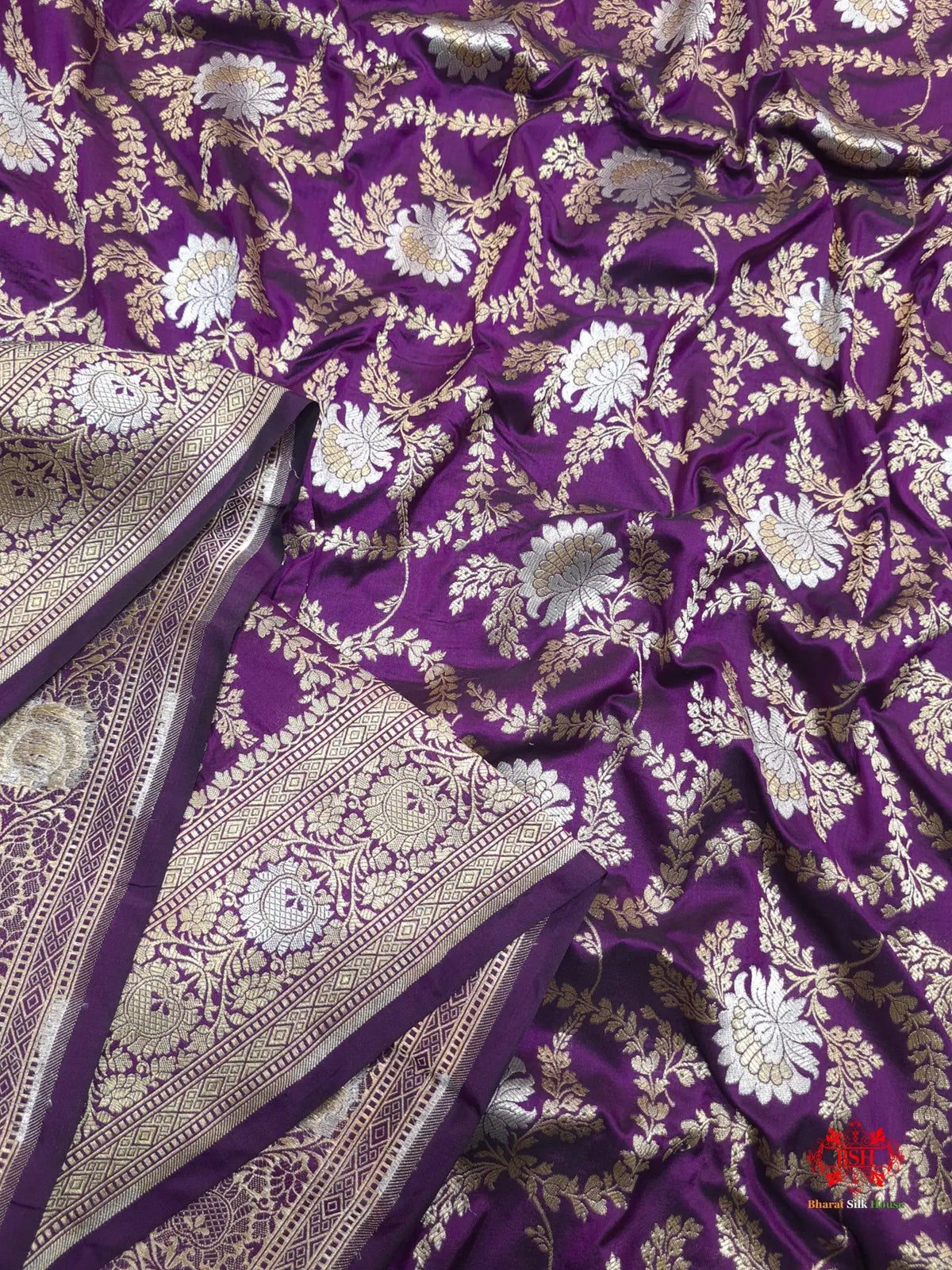 Handloom Banarasi Pure Katan Silk Opara Sona Rupa Dual Zari Saree Floral Jaal In Shades Of Magenta - Bharat Silk House Pure Kataan Silk