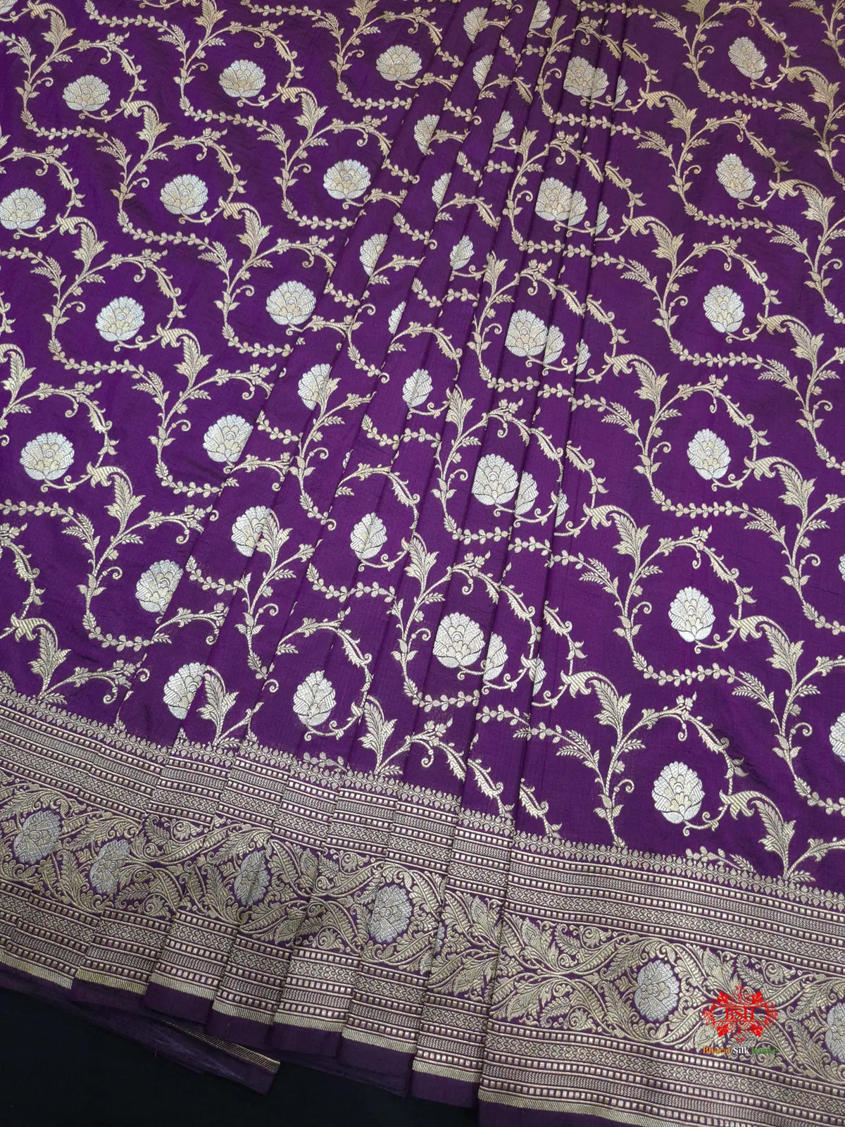 Handloom Banarasi Pure Katan Silk Opara Sona Rupa Dual Zari Saree Floral Jaal In Shades Of Magenta - Bharat Silk House Pure Kataan Silk