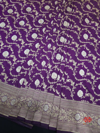 Handloom Banarasi Pure Katan Silk Opara Sona Rupa Dual Zari Saree Floral Jaal In Shades Of Magenta - Bharat Silk House Pure Kataan Silk