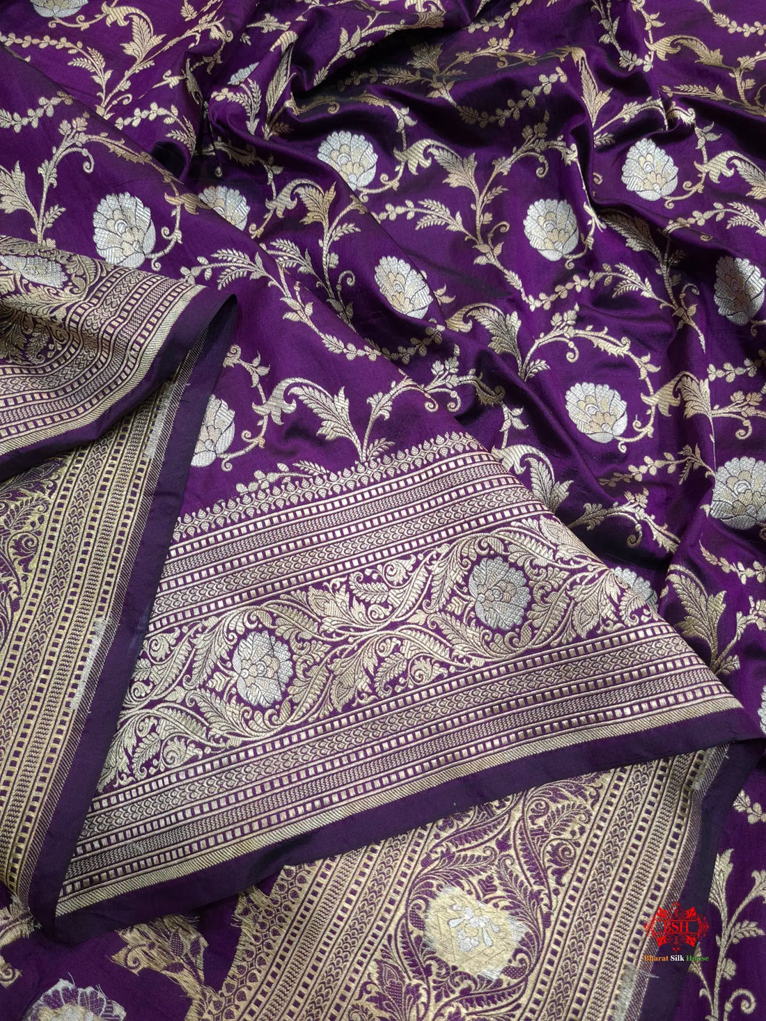 Handloom Banarasi Pure Katan Silk Opara Sona Rupa Dual Zari Saree Floral Jaal In Shades Of Magenta - Bharat Silk House Pure Kataan Silk