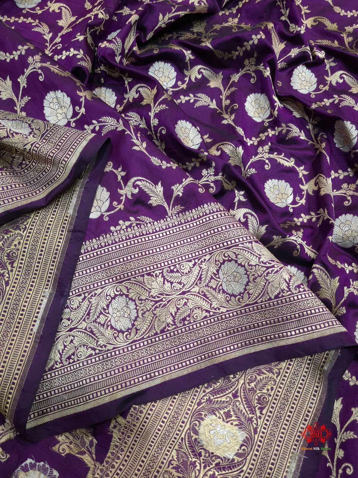 Handloom Banarasi Pure Katan Silk Opara Sona Rupa Dual Zari Saree Floral Jaal In Shades Of Magenta - Bharat Silk House Pure Kataan Silk