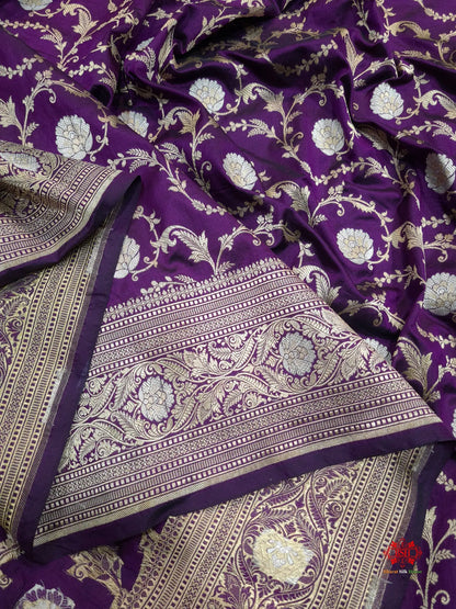 Handloom Banarasi Pure Katan Silk Opara Sona Rupa Dual Zari Saree Floral Jaal In Shades Of Magenta - Bharat Silk House Pure Kataan Silk