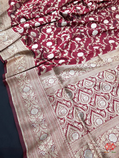 Handloom Banarasi Pure Katan Silk Opara Sona Rupa Dual Zari Saree Floral Jaal In Shades Of Maroon - Bharat Silk House Pure Kataan Silk