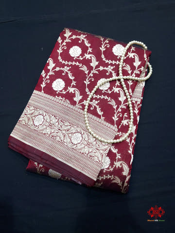 Handloom Banarasi Pure Katan Silk Opara Sona Rupa Dual Zari Saree Floral Jaal In Shades Of Maroon - Bharat Silk House Pure Kataan Silk