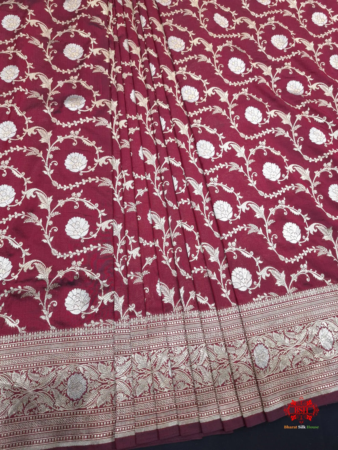 Handloom Banarasi Pure Katan Silk Opara Sona Rupa Dual Zari Saree Floral Jaal In Shades Of Maroon - Bharat Silk House Pure Kataan Silk