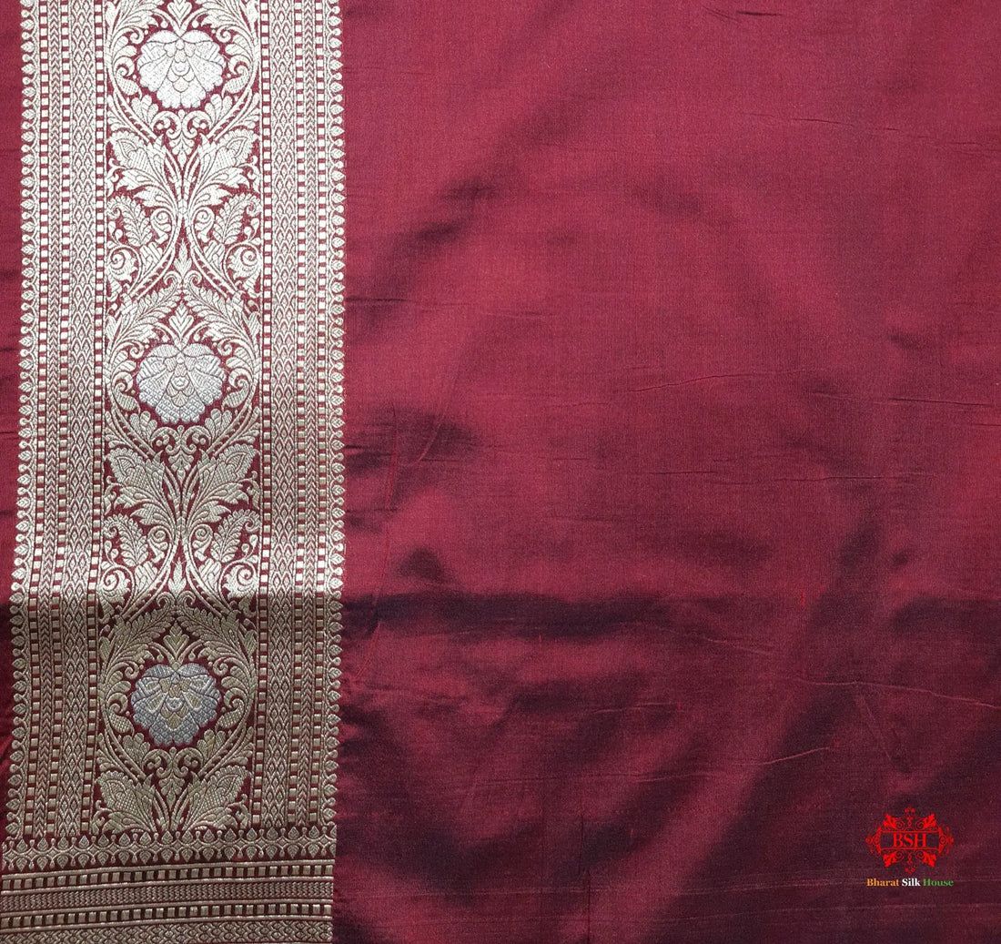 Handloom Banarasi Pure Katan Silk Opara Sona Rupa Dual Zari Saree Floral Jaal In Shades Of Maroon - Bharat Silk House Pure Kataan Silk